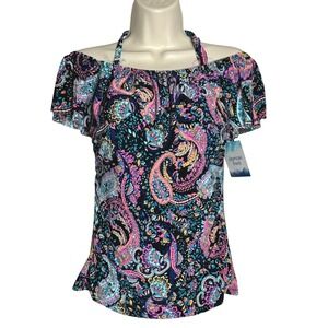 American‎ Beach Womens Tankini 10 Blue Pink Paisley Lined Ruffle Swim Beach